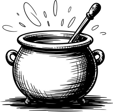 Vintage cauldron with a stirring spoon old cooking pot illustration with liquid splashing and wooden handle