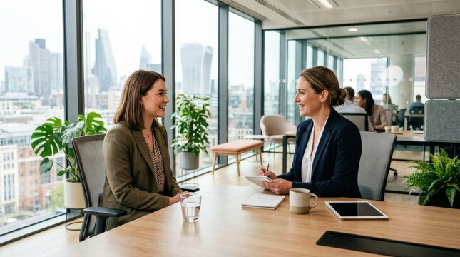 Interview in a modern office during the day, professional recruitment or media conversation scene with two people seated in a bright workplace, business communication and hiring concept, realistic