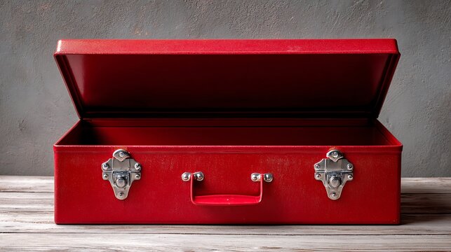 A bright red, open metal toolbox with silver clasps and a handle sits on a weathered wooden surface against a textured gray
