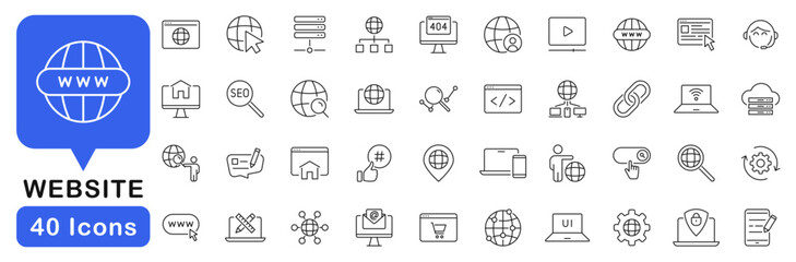 Fototapeta na wymiar Website icon set. Website icons in line style. Editable web icons internet, content, blog, web design, SEO, server, hosting, homepage, marketing, e-commerce etc. Vector illustration.