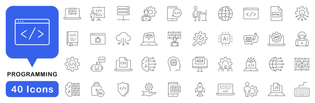 Programming icon set. Coding icons in line style. Editable web icons developer, algorithms, information technology, code, api, programmer, software, scripts. Vector illustration.