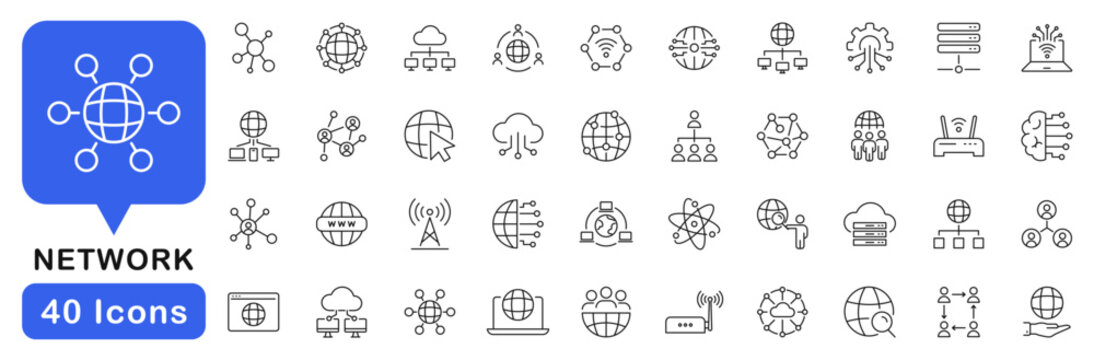 Network icon set. Networking icons in line style. Editable web icons internet, wireless, cloud computing, computer, communication, database, cyberspace, server, device, digital. Vector illustration.