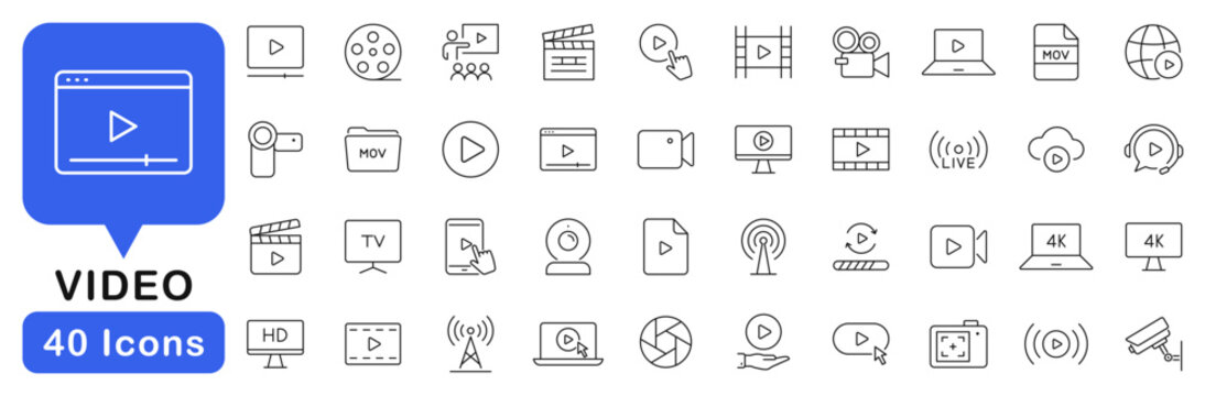 Video icon set. Video icons in line style. Editable web icons media, camera, player, pause, live, play, production, movie, cinema and online video. Vector illustration.