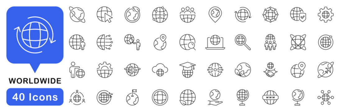 Worldwide icon set. Globe icons in line style. Editable web icons network, world, global, network, earth, sphere and international. Vector illustration.