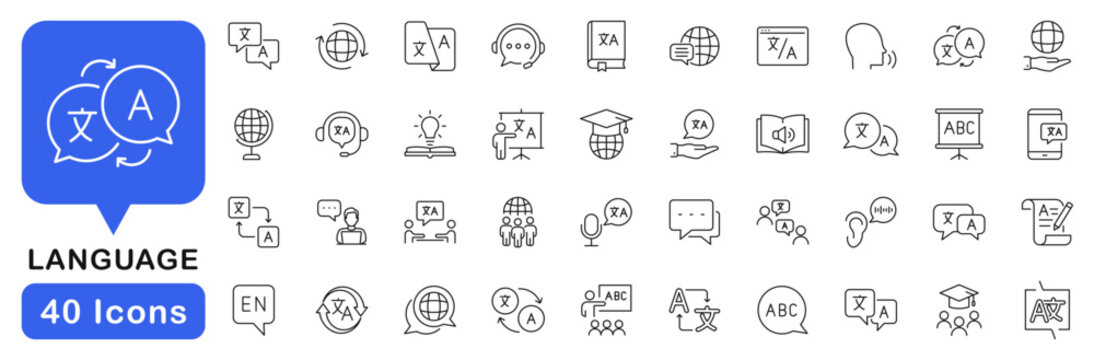 Language icon set. Translation icons in line style. Editable web icons translate, writing, speech, speaking, dictionary, text, language. Vector illustration.