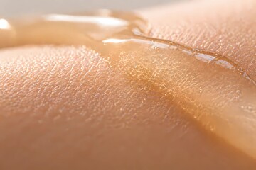 Fototapeta premium Detail of a soothing liquid drop on hand, concept of wellness and organic beauty.