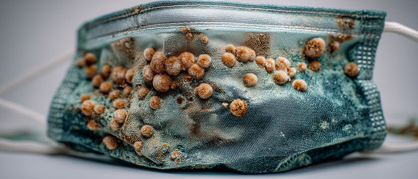 Medical mask with bacteria on surface in closeup view  