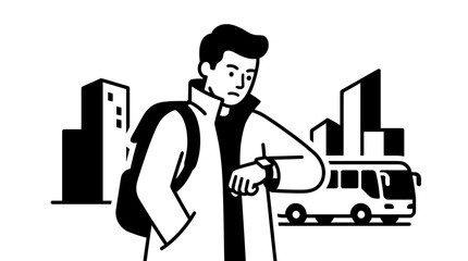 Fototapeta premium Man checking watch, waiting for bus in city with buildings silhouette