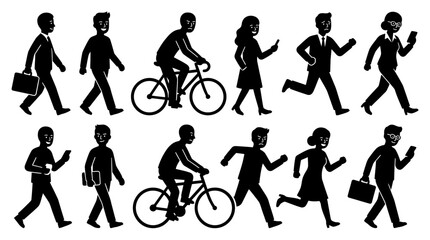 Obraz premium Diverse Business People Silhouettes: Walking, Cycling, Running, Using Phones