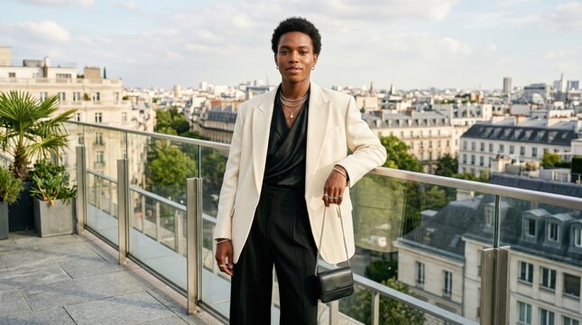 Feminine young Black man, genderless style portrait on a terrace, bold fashion identity, modern self-expression, elegant outfit and confident pose, open urban background, bright daylight, realistic