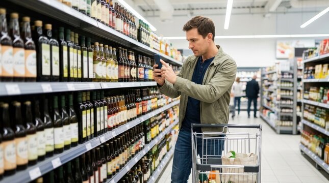 Male shopper photographing bottles on a smartphone in a store, retail decision and consumer technology concept, modern shopping behavior, product comparison moment, bright aisle lighting, realistic