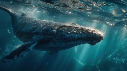 Naklejka premium Humpback whale swimming in deep blue ocean water sun rays