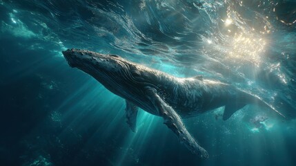 Fototapeta premium Humpback whale swimming in deep ocean sunlight rays