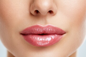 Naklejka premium Close-up of female lips with natural texture and glossy finish, showcasing soft pink color and smooth contours against a neutral background