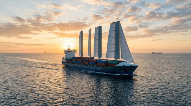 Sailing cargo ship at sea during sunset, global trade and maritime logistics concept with vessel moving across calm water, freight transport, import export and shipping industry theme under evening