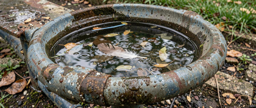 A bird perches on the rim of a bird bath, enjoying its surroundings