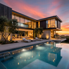 Fototapeta premium A modern luxury house at night 