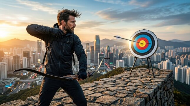 Man shooting an arrow and hitting a target, business goal and success concept with focus, precision and ambition, dynamic action scene, clean composition, strong symbolism, realistic detail, polished