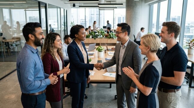 Diverse team united by a motivational handshake in an office setting, teamwork and partnership concept with positive corporate energy, professional atmosphere, clean composition, realistic detail,