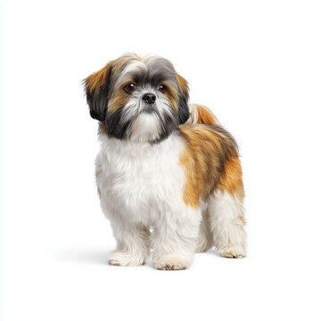 Tricolor shih tzu dog standing white background