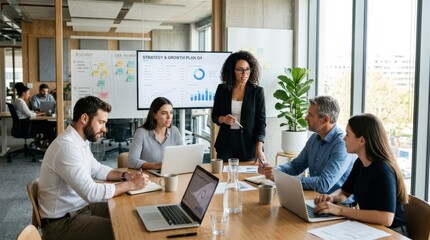 Fototapeta premium Modern workspace with collaborative business meeting and teamwork, productive office concept for strategy, startups and professional growth themes, laptops, discussion and clean design creating