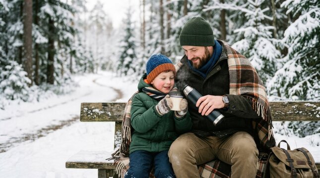 Father and son sharing a warm drink from a thermos, cozy family outdoor moment for bonding, winter, travel and parenting themes, soft natural light, realistic detail, emotional premium atmosphere, no