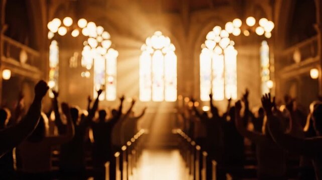 People worshiping with raised hands in church under divine light, Holy Spirit and Pentecost celebration concept.