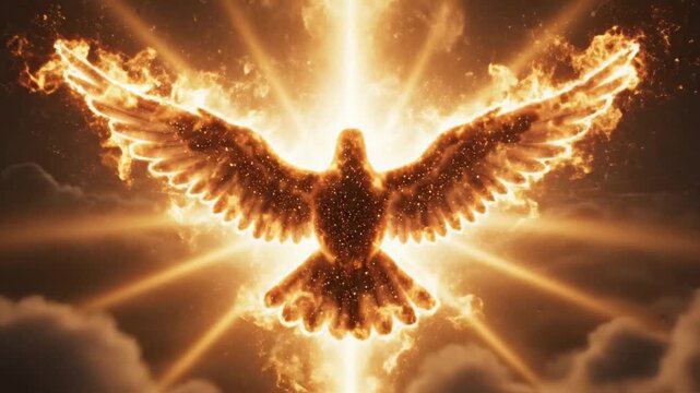 Fire dove flying in the sky with golden rays, Holy Spirit and Pentecost fire manifestation concept.