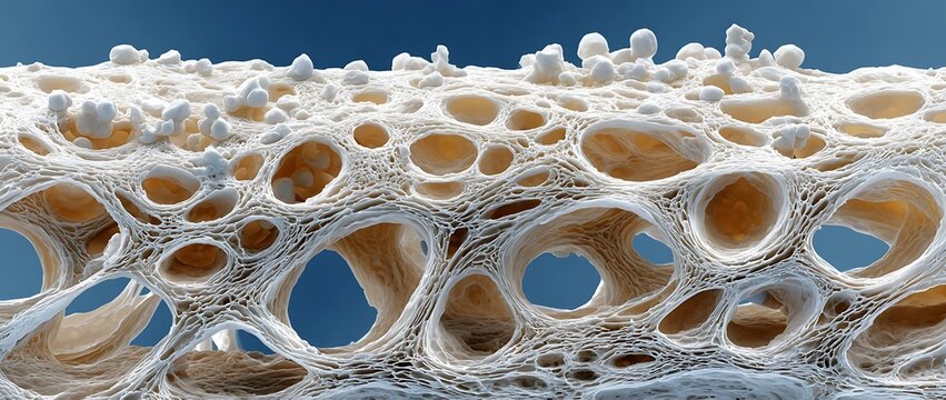 Close-animated movie macro showcasing the intricate porous internal structure of bone tissue with a blue sky