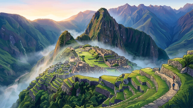 This breathtaking illustration portrays the mystical ancient city of Machu Picchu at dawn, nestled amidst misty Andean mountains with hikers approaching.