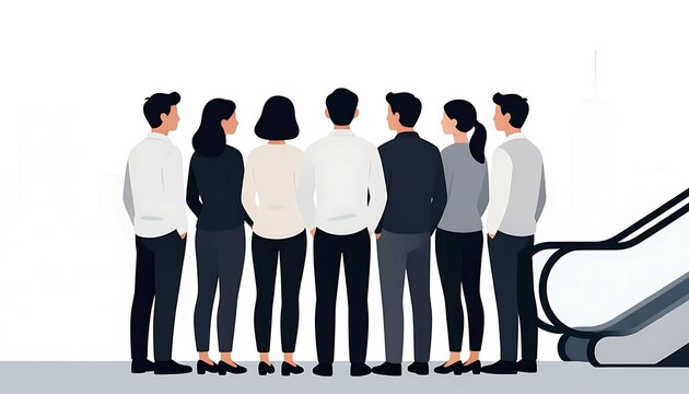 six people are standing in a row with their backs to the viewer. There is an escalator to their right.