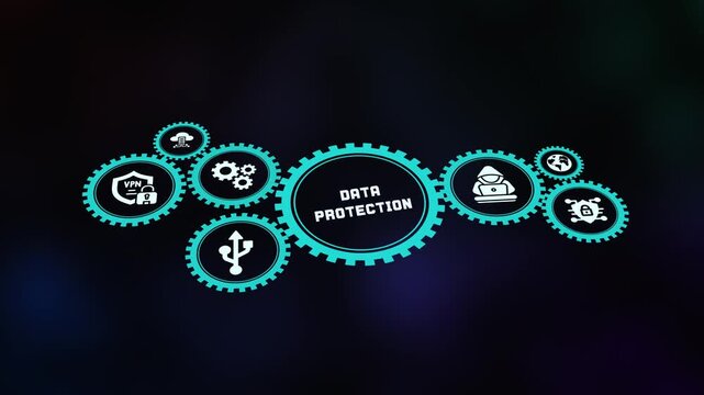 Connected digital gears with shield and cloud icons. An animation illustrating a secure data protection and privacy concepts
