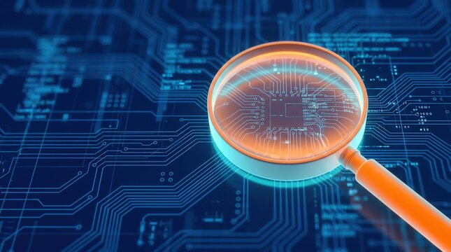 Cyber security audit concept with magnifying glass on circuit board. Digital forensic analysis and data privacy diagnostic 3D render.