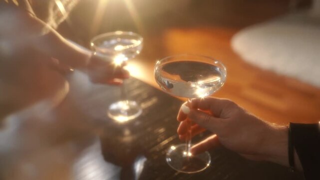 A loving couple on a date drinking an alcoholic cocktail near a fireplace. A man and a woman are having a romantic dinner. A close-up of a glass goblet of champagne. Sparkling wine with reflections