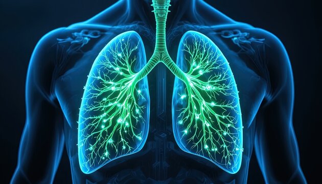 3d medical illustration of glowing human lungs with bronchial tree in dark background
