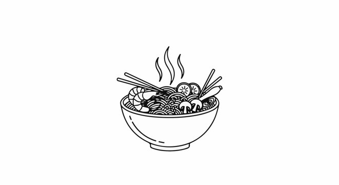 Black and white line art of a steaming bowl of noodles with shrimp, mushrooms, and citrus
