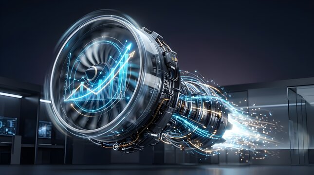 Futuristic Jet Turbine Engine with Rising Growth Chart and Glowing Data Particles Representing Business Acceleration and Financial Success