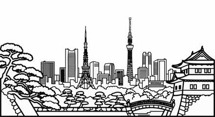 Obraz premium Black and white line drawing of a cityscape with a traditional structure and bridge