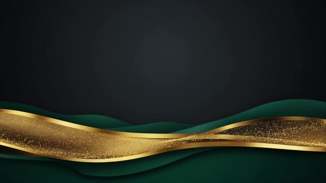 Elegant dark background with flowing golden glitter ribbon and green waves for luxury design