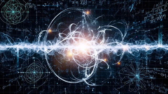 Glowing quantum physics equations background with swirling lines in futuristic neon lighting for science and technology