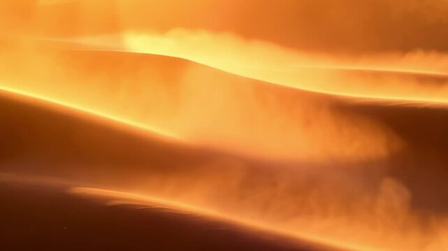Slow motion tracking shot of sand dunes with wind blowing at sunset in desert