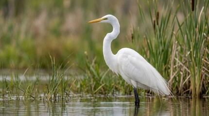 Fototapeta premium Eastern Great Egret standing in natural habitat, elegant white bird wildlife portrait, long neck and delicate feathers, wetland ecosystem concept, calm avian posture, nature observation, soft