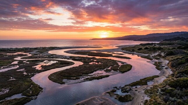 Colorful sunset over a coastal river mouth, serene landscape for travel, tourism and environmental branding themes, glowing sky, winding water channels and peaceful shoreline textures create cinematic