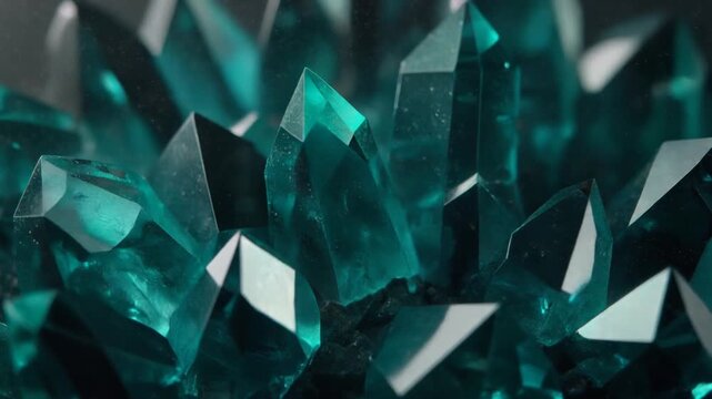 Close-up of Vibrant Teal Crystalline Structures with Reflective Facets on a Dark Background