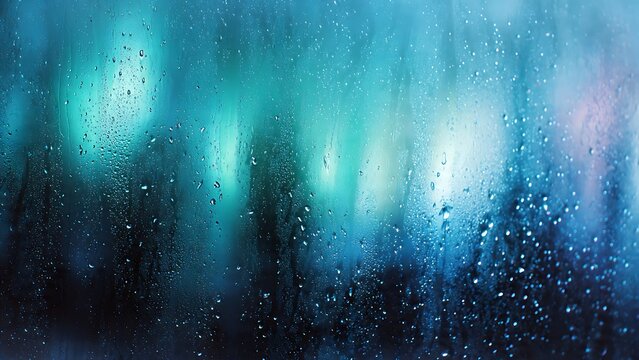 Rain drops on a window in a winter Christmas night with blue sky glowing stars snowflakes and holiday light wallpaper illustration