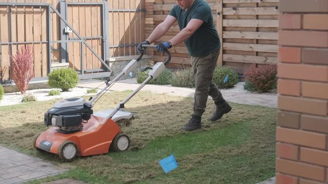 A man uses a professional gasoline scarifier to remove moss and thatch from a green lawn in a private house backyard.