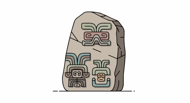 Ancient stone carving with stylized faces and intricate linear patterns