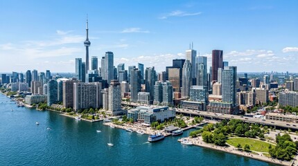Obraz premium Toronto cityscape on a sunny day, modern urban skyline concept for travel, business and destination branding themes with clean architecture, bright weather and expansive city energy, realistic detail,