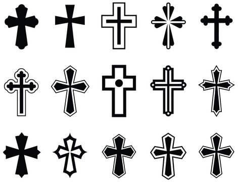 Pixel, art Christian cross icon set, 8-bit gothic and religious crucifix symbols, retro gaming style design, vector illustration, spiritual and faith icons, pixelated religious motifs, flat graphics 