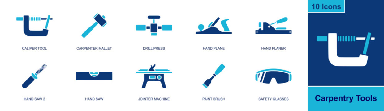 Carpentry tools icon set. Containing caliper, carpenter mallet, drill press, hand plane, hand planer, saw, jointer machine, paint brush, safety glasses and more. Solid fill vector icons.
